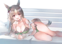 Rule 34 | 1girl, animal ears, arm support, bare legs, bare shoulders, blush, bow, bra, breasts, brown eyes, brown hair, choker, cleavage, collarbone, ear ornament, ear ribbon, frilled bra, frilled choker, frilled panties, frills, green bra, green panties, green ribbon, hair between eyes, horse ears, horse girl, horse tail, large breasts, long hair, long sleeves, looking at viewer, lying, motoyon, navel, off shoulder, on side, open clothes, open mouth, open shirt, own hands together, panties, ribbon, satono diamond (umamusume), shirt, side-tie panties, sleeves past wrists, smile, solo, tail, umamusume, underwear, white choker, white shirt