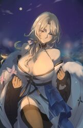 Rule 34 | 1girl, absurdres, black gloves, blonde hair, blue ribbon, breasts, butterfly ornament, cleavage, coat, full moon, garter straps, gloves, goddess of victory: nikke, highres, japanese clothes, kimono, large breasts, ludmilla (nikke), ludmilla (winter owner) (nikke), moon, neu (musyoku-neet), night, night sky, onsen, orange eyes, panties, ribbon, sky, solo, thighhighs, underwear, white kimono