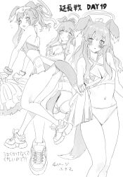 Rule 34 | 1girl, animal ears, ass, bare shoulders, blue archive, blue eyes, blush, breasts, cheerleader, dog ears, dog girl, dog tail, eyewear on head, full body, goshiki suzu, greyscale, halo, hibiki (blue archive), hibiki (cheer squad) (blue archive), highres, holding, holding clothes, holding pom poms, holding skirt, long hair, looking at viewer, medium breasts, millennium cheerleader outfit (blue archive), monochrome, multiple views, navel, official alternate costume, open mouth, panties, pom pom (cheerleading), pom poms, simple background, sitting, skirt, standing, star sticker, sticker on face, tail, text print, translation request, underwear, unworn skirt, white background