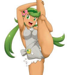 Rule 34 | 1girl, apron, blush, breasts, cameltoe, cleft of venus, creatures (company), dark-skinned female, dark skin, female focus, game freak, green eyes, green hair, highres, long hair, looking at viewer, mallow (pokemon), medium breasts, nintendo, no bra, overalls, pokemon, pokemon sm, sideboob, simple background, solo, standing, standing on one leg, teeth, thighs, tof, upper body, upper teeth only, white background