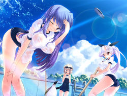 Rule 34 | 3girls, aircraft, bent over, bird, blonde hair, blue hair, blue one-piece swimsuit, blunt bangs, breast envy, breasts, cloud, day, dirigible, empty pool, flat chest, goggles, goggles on head, highres, kuro uso-ko, large breasts, lens flare, light rays, multiple girls, name tag, one-piece swimsuit, one eye closed, original, penguin, pool, pool ladder, purple hair, rainbow, school swimsuit, see-through, short hair, sky, sparkle, sunbeam, sunlight, swimsuit, torisan, wet, wet clothes, white hair, wink