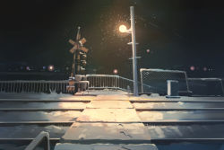 Rule 34 | chain-link fence, commentary request, fence, footprints, huanxiang huifeng, lamp, night, night sky, no humans, original, outdoors, power lines, railing, railroad crossing, railroad tracks, scenery, sky, snow, snowing, utility pole