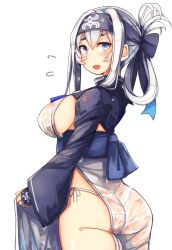 Rule 34 | 10s, 1girl, ainu clothes, ass, blue eyes, blush, breasts, cropped jacket, dress, flying sweatdrops, folded ponytail, from behind, hair between eyes, headband, kamoi (kancolle), kantai collection, large breasts, lifting own clothes, long hair, long sleeves, looking at viewer, open mouth, panties, plan (planhaplalan), short eyebrows, side slit, sideboob, sidelocks, solo, thighs, underwear, wet, wet clothes, white dress, white hair, white panties, wide sleeves, wrist guards