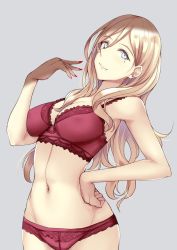 Rule 34 | alternate costume, blonde hair, blue eyes, bra, breasts, cleavage, commentary, cowboy shot, grey background, hair between eyes, kantai collection, kuurunaitsu, large breasts, lingerie, long hair, mole, mole under eye, mole under mouth, nail polish, navel, panties, red nails, richelieu (kancolle), underwear