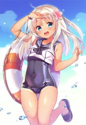 Rule 34 | 10s, 1girl, :d, arm up, bare legs, blue eyes, blue sky, blush, bracelet, breasts, covered navel, flower, gluteal fold, hair flower, hair ornament, jewelry, kantai collection, leg up, lifebuoy, long hair, old school swimsuit, one-piece swimsuit, open mouth, ro-500 (kancolle), sailor collar, sailor shirt, sandals, school swimsuit, shiny clothes, shirt, shouni (sato3), sky, sleeveless, sleeveless shirt, slippers, small breasts, smile, solo, standing, standing on one leg, swim ring, swimsuit, swimsuit under clothes, tan, tanline, thigh gap, white hair