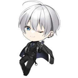Rule 34 | 1boy, absurdres, ahoge, anzu 1026, belt, black footwear, black gloves, black jacket, black pants, blue eyes, blue necktie, chain, chest belt, chibi, collared shirt, commentary request, dress shirt, ear piercing, gloves, grey hair, grey shirt, gun, highres, holding, holding gun, holding weapon, holster, jacket, jacket on shoulders, leaning back, looking at viewer, male focus, multiple belts, necktie, o-ring, official art, one eye closed, pale skin, pants, piercing, pinstripe pattern, pinstripe shirt, pointing, pointing at viewer, pointing gun, shirt, smile, striped, suit jacket, thigh holster, virtual youtuber, vyse yagami, wactor production, waistcoat, weapon, white background