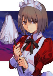 Rule 34 | 1girl, alternate color, apron, black ribbon, brown eyes, brown hair, closed mouth, dress, duster, evolution championship series, hisui (tsukihime), holding, holding duster, hungry clicker, juliet sleeves, long sleeves, looking at viewer, maid, maid apron, maid headdress, melty blood, melty blood: type lumina, neck ribbon, puffy sleeves, red dress, ribbon, short hair, solo, tsukihime, tsukihime (remake), upper body, white apron