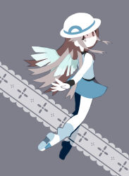 Rule 34 | 1girl, alternate color, black wristband, brown eyes, brown hair, closed mouth, commentary request, creatures (company), full body, game freak, grey background, hat, highres, leaf (pokemon), long hair, looking at viewer, milkpeachi, nintendo, pokemon, pokemon frlg, shirt, shoes, sidelocks, skirt, sleeveless, sleeveless shirt, smile, socks, white footwear, white hat, wings