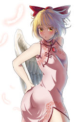 Rule 34 | 1girl, absurdres, alternate costume, angel wings, ass, bad id, bad pixiv id, blonde hair, blush, bow, china dress, chinese clothes, dress, feathers, gengetsu (touhou), gunjin (aguran), hair bow, highres, jewelry, solo, sweat, touhou, touhou (pc-98), twisted torso, wings, yellow eyes