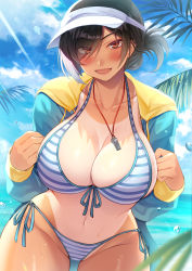 Rule 34 | 1girl, bikini, black hair, blush, breasts, collarbone, hat, highres, himamo, huge breasts, midriff, navel, original, red eyes, short hair, smile, solo, striped bikini, striped clothes, swimsuit, tan, tanline, wet, whistle, whistle around neck