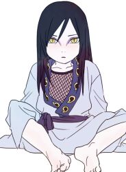 Rule 34 | :o, aged down, barefoot, black hair, blush, eyeliner, japanese clothes, kimono, long hair, looking at viewer, makeup, naruto (series), on floor, orochimaru (naruto), pale skin, simple background, slit pupils, white background, yellow eyes