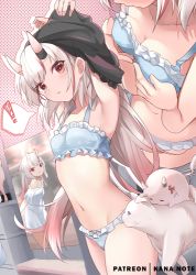 Rule 34 | !, 1girl, armpits, blue bra, blue panties, bra, breasts, cat, cleavage, collarbone, commentary request, dress, gradient hair, grin, hair between eyes, hololive, horns, long hair, looking at viewer, md5 mismatch, midriff, mujinbensin, multicolored hair, nakiri ayame, navel, panties, parted lips, poster (object), poyoyo (nakiri ayame), resolution mismatch, sidelocks, silver hair, skin-covered horns, smile, source larger, spoken exclamation mark, streaked hair, two-tone hair, underwear, underwear only, undressing, virtual youtuber, white cat, white dress