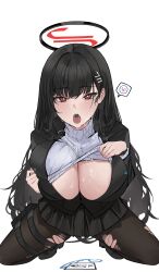 Rule 34 | 1girl, absurdres, black hair, black jacket, black pantyhose, blue archive, breasts, bright pupils, cleavage, clothes lift, from above, halo, hangetsu15, heavy breathing, highres, holster, huge breasts, id card, jacket, long hair, looking at viewer, open mouth, pantyhose, pink pupils, pleated skirt, red eyes, rio (blue archive), saliva, simple background, skirt, solo, squatting, straight hair, sweater, sweater lift, thigh holster, torn clothes, torn pantyhose, very long hair, white background, white sweater