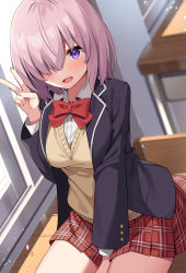 Rule 34 | 1girl, blush, breasts, fate/grand order, fate (series), hair over one eye, highres, large breasts, light purple hair, long sleeves, looking at viewer, mash kyrielight, mash kyrielight (spring&#039;s new master), open mouth, purple eyes, short hair, skirt, smile, solo, suiroh (shideoukami)
