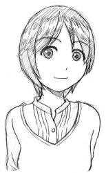 Rule 34 | 1girl, greyscale, hiwatari, looking at viewer, monochrome, shimau, short hair, simple background, sketch, smile, solo, white background, yotsubato!