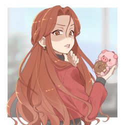Rule 34 | annoyed, bag charm, black sweater, blurry, blurry background, border, brown eyes, brown hair, charm (object), chocolate doughnut, depth of field, doughnut, earrings, floating hair, food, forehead, hair intakes, half updo, highres, hoop earrings, idolmaster, idolmaster cinderella girls, jacket, jewelry, lipstick, long hair, looking at viewer, looking back, makeup, open mouth, outdoors, outside border, parted lips, red jacket, red lips, ribbed sweater, rn10r, shaded face, solo, sparkle, stuffed animal, stuffed pig, stuffed toy, sweater, turtleneck, turtleneck sweater, uneven eyes, upper body, v-shaped eyebrows, white border, zaizen tokiko