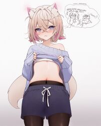 Rule 34 | 1girl, animal ear fluff, animal ears, black pantyhose, blonde hair, blue shorts, blue sweater, clothes lift, collarbone, dog ears, dog girl, drawstring, fuwawa abyssgard, hair between eyes, highres, hololive, hololive english, imagining, koahri, lifted by self, mococo abyssgard, multicolored hair, navel, pantyhose, pink hair, shorts, simple background, solo, streaked hair, sweater, sweater lift, virtual youtuber, white background
