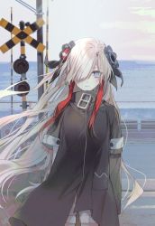 Rule 34 | 1girl, asymmetrical sleeves, black coat, blue eyes, coat, cowboy shot, expressionless, floating hair, hair ornament, hair over one eye, highres, isekai joucho, kamitsubaki studio, long hair, looking at viewer, moro (from m0r0), multicolored hair, outdoors, parted lips, railroad signal, red hair, shorts, silver hair, sky, solo, traffic light, two-tone hair, uneven sleeves, very long hair, virtual youtuber, white shorts