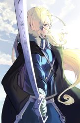 Rule 34 | 1girl, asymmetrical hair, black cape, blonde hair, blue eyes, blue jacket, blue pants, cape, cloud, cloudy sky, cowboy shot, crow illust, fighting stance, fullmetal alchemist, fur collar, gloves, hair over one eye, high collar, highres, holding, holding sword, holding weapon, jacket, long hair, long sleeves, looking at viewer, military, military uniform, olivier mira armstrong, one eye covered, outdoors, pants, sky, solo, sunlight, sword, uniform, weapon, white gloves