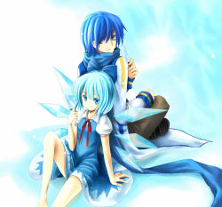 Rule 34 | 1boy, 1girl, back-to-back, blue eyes, blue hair, blue scarf, bow, cirno, crossover, dsakuraff, hair ribbon, kaito (vocaloid), perfect cherry blossom, popsicle, ribbon, scarf, short hair, smile, touhou, vocaloid