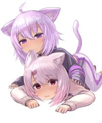 Rule 34 | 2girls, ahoge, animal collar, animal ear fluff, animal ears, biting, black shirt, cat ears, cat girl, cat tail, collar, creator connection, ear biting, enumiyaa, grey hair, grey sweater, hair between eyes, hair ornament, hairclip, highres, hololive, long sleeves, looking at viewer, lying, medium hair, messy hair, multiple girls, nekomata okayu, nekomata okayu (1st costume), nijisanji, on person, on stomach, open mouth, pants, purple eyes, purple hair, red eyes, shiina yuika, shiina yuika (1st costume), shirt, sidelocks, sleeves past wrists, sweater, tail, virtual youtuber, white background, white pants