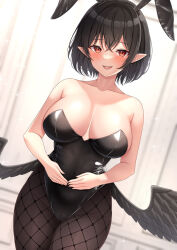 Rule 34 | 1girl, :d, alternate costume, animal ears, bare arms, bare shoulders, black hair, black leotard, black pantyhose, black wings, blush, breasts, breasts apart, cameltoe, collarbone, commentary request, cowboy shot, crossed bangs, curvy, dutch angle, fake animal ears, feathered wings, fishnet pantyhose, fishnets, hair between eyes, hands on own stomach, highleg, highleg leotard, highres, large breasts, leotard, looking at viewer, open mouth, paid reward available, pantyhose, playboy bunny, pointy ears, rabbit ears, red eyes, reijing etrn, round teeth, shameimaru aya, shiny skin, short hair, smile, solo, sparkle, straight hair, strapless, strapless leotard, sweatdrop, teeth, touhou, tsurime, upper teeth only, wings