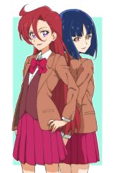 Rule 34 | 2girls, arms behind back, back-to-back, blazer, blue hair, blunt bangs, blunt ends, bob cut, bow, bowtie, brown jacket, brown vest, commentary, dress shirt, green background, hair between eyes, hair strand, half-closed eyes, hand on own hip, highres, jacket, kayabakoro, long hair, looking at viewer, looking back, miniskirt, multiple girls, open mouth, outside border, parted lips, pleated skirt, precure, purple eyes, red bow, red bowtie, red eyes, red hair, red skirt, school uniform, shiratori yuriko, shirt, short hair, skirt, smile, standing, takizawa asuka, tropical-rouge! precure, vest, white shirt, wing collar