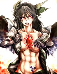 Rule 34 | 1girl, abs, black hair, black wings, bow, cape, collarbone, female focus, gloves, hair bow, long hair, muscular, navel, open mouth, radiation symbol, red eyes, reiuji utsuho, ryuuichi (f dragon), solo, tattoo, third eye, touhou, white background, wings