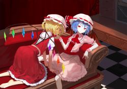 Rule 34 | 2girls, all fours, back, barefoot, bat wings, blonde hair, blue hair, bow, checkered floor, closed mouth, couch, cross-laced clothes, crystal, curtains, drawer, flandre scarlet, frilled sleeves, frills, glass, hat, hat bow, hat ribbon, highres, indoors, lamase (41), leaning back, looking at viewer, mob cap, multiple girls, one side up, pale skin, puffy short sleeves, puffy sleeves, red bow, red eyes, red ribbon, red skirt, red vest, remilia scarlet, ribbon, sash, scarlet devil mansion, shade, shirt, short hair, short sleeves, siblings, sisters, sitting, skirt, skirt set, smile, touhou, vest, white shirt, wings, wrist cuffs