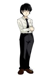 Rule 34 | 1girl, aged up, black hair, black necktie, black pants, breasts, brown footwear, closed mouth, collared shirt, commentary, english commentary, full body, genderswap, genderswap (mtf), highres, kageyama shigeo, kyokyeo, long sleeves, looking at viewer, medium breasts, mob psycho 100, necktie, pants, shirt, shirt tucked in, shoes, short hair, simple background, solo, standing, white background, white shirt