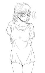Rule 34 | ..., 1girl, @ @, arms behind back, blush, breasts, covered erect nipples, earrings, glasses, greyscale, haioku colonel, highres, jewelry, looking at viewer, monochrome, original, parted lips, ponytail, school uniform, simple background, solo, spoken ellipsis, white background