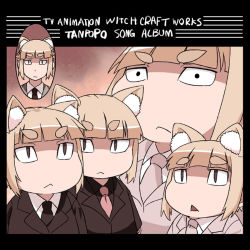 Rule 34 | 10s, 5girls, :&lt;, album cover, animal ears, blonde hair, cat ears, chibi, collage, cover, eyebrows, fake cover, formal, kuraishi tanpopo, multiple girls, multiple persona, short eyebrows, short hair, slit pupils, suit, thick eyebrows, triangle mouth, tsukudani (coke-buta), witch craft works, yellow eyes