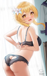 Rule 34 | 1girl, arms behind back, artist name, ass, ass cutout, black bra, black panties, blonde hair, blush, bra, breasts, butt crack, clothing cutout, curtains, dressing, embarrassed, fang, fingernails, flower, from behind, fukuro daizi, genshin impact, hair flower, hair ornament, heart cutout, highres, indoors, looking at viewer, lumine (genshin impact), medium breasts, open mouth, panties, sideboob, signature, skin fang, solo, thighs, twitter username, underwear, underwear only, wavy mouth, window, yellow eyes