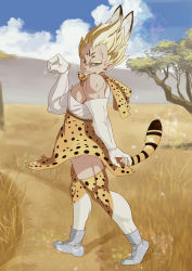 Rule 34 | 10s, 1boy, absurdres, animal ears, animal print, bare shoulders, blonde hair, blue sky, boots, cloud, commentary request, cosplay, crossdressing, day, dragon ball, elbow gloves, eyebrows, facial mark, forehead mark, full body, gloves, green eyes, highres, kemono friends, looking at viewer, majin vegeta, male focus, muscular, nature, outdoors, savannah, serval (kemono friends), serval (kemono friends) (cosplay), serval print, serval tail, shirt, short hair, skirt, sky, sleeveless, sleeveless shirt, smile, solo, standing, tail, thighhighs, trait connection, usagiherb (z753503634), vegeta, what, white footwear, white shirt, zettai ryouiki