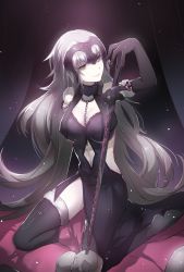 Rule 34 | bare shoulders, barefoot, chain, collar, elbow gloves, fate/grand order, fate (series), fur trim, gloves, highres, jeanne d&#039;arc (fate), jeanne d&#039;arc (ruler) (fate), jeanne d&#039;arc alter (avenger) (fate), jeanne d&#039;arc alter (avenger) (third ascension) (fate), jeanne d&#039;arc alter (fate), long hair, navel, ruler (fate/grand order), silver hair, skull, smirk, solo, sword, tebd menkin, thighhighs, weapon, yellow eyes
