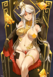 Rule 34 | 1girl, arm rest, artist name, bare shoulders, black gloves, bottomless, breasts, censored, claw ring, commentary, elbow gloves, english commentary, genshin impact, gloves, hair ornament, hair stick, hand up, highres, large breasts, long hair, looking at viewer, maebari, navel, ningguang (genshin impact), one breast out, parted bangs, parted lips, red eyes, sitting, smile, solo, star censor, stomach, tassel, tassel hair ornament, thighlet, thighs, throne, ultrabinou, very long hair, white hair