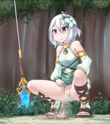 Rule 34 | 1girl, censored, city, destruction, giant, giantess, highres, kokkoro (princess connect!), outdoors, panties, panty pull, peeing, polearm, princess connect!, pussy, red eyes, size difference, solo, spear, squatting, terada ochiko, trembling, underwear, weapon, white hair
