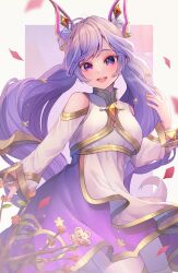 Rule 34 | 1girl, :d, alternate costume, apron, bare shoulders, blue eyes, breasts, cowboy shot, double bun, dress, flower, grey hair, gwen (league of legends), hair bun, hair ornament, hand up, highres, league of legends, long hair, medium breasts, momoirone, open mouth, purple background, purple dress, red flower, smile, solo, teeth, twintails, upper teeth only, white apron, white background