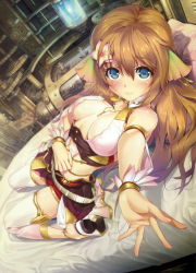 Rule 34 | 1girl, ar nosurge, bed, bed sheet, blue eyes, blush, breasts, breasts apart, brown hair, ciel nosurge, flower, hair flower, hair ornament, hair ribbon, hairclip, happoubi jin, highres, ionasal kkll preciel, jewelry, large breasts, long hair, looking at viewer, machine, necklace, no bra, open clothes, ribbon, shoes, skirt, smile, solo, surge concerto, thighhighs, zettai ryouiki
