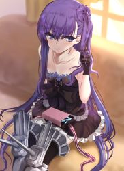 Rule 34 | 1girl, alternate costume, alternate hairstyle, bad id, bad pixiv id, bare shoulders, black gloves, blue eyes, bow, box, collarbone, fate/grand order, fate (series), frills, gift, gift box, gloves, highres, kesoshirou, long hair, meltryllis (fate), playing with own hair, prosthesis, prosthetic leg, purple hair, scrunchie, side ponytail, sitting, solo, spikes, very long hair