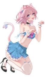 Rule 34 | 1girl, :d, absurdres, arm cuffs, bandeau, bare shoulders, black choker, black footwear, blue eyes, blue skirt, cat tail, choker, commentary, english commentary, feint721, frills, hair ribbon, high heels, highres, honkai: star rail, honkai (series), kemonomimi mode, kneeling, looking at viewer, march 7th (honkai: star rail), midriff, miniskirt, navel, open mouth, paw pose, petticoat, pink hair, pleated skirt, ribbon, short hair, skirt, smile, solo, stomach, strapless, tail, thighhighs, thighs, tube top, white thighhighs, wrist cuffs