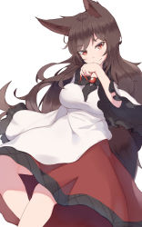 Rule 34 | 1girl, animal ears, blush, brooch, brown hair, dress, fang, fingernails, highres, imaizumi kagerou, jewelry, long fingernails, long hair, long sleeves, looking at viewer, nail polish, red eyes, red nails, sharp fingernails, shone, simple background, smile, solo, tail, touhou, white background, wide sleeves, wolf ears, wolf tail