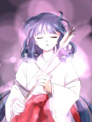Rule 34 | 1girl, arrow (projectile), black hair, closed eyes, glowing, holding, inuko (nozomi1118), inuko (pixiv6096383), inuyasha, japanese clothes, kikyou (inuyasha), long hair, miko, parted lips, sidelocks, solo, very long hair, wide sleeves