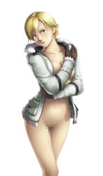Rule 34 | 1girl, blonde hair, blue eyes, blush, breast press, breasts, censored, coat, covering privates, female focus, gloves, large breasts, legs, looking at viewer, mosaic censoring, navel, no bra, no panties, pussy, resident evil, resident evil 2, resident evil 6, sherry birkin, short hair, simple background, solo, standing, sweat, thighs, thor (deep rising), white background