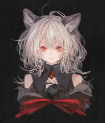 Rule 34 | 1girl, animal ear fluff, animal ears, bare shoulders, black background, black shirt, bow, c cand1e, cat ears, choker, closed mouth, collared shirt, commission, cropped torso, grey hair, hair between eyes, hand on own chest, heart, heart choker, highres, jacket, long hair, long sleeves, looking at viewer, off shoulder, original, own hands together, parted lips, red bow, red choker, red eyes, shirt, simple background, sleeveless, sleeveless shirt, sleeves past wrists, solo, straight-on, upper body, white hair