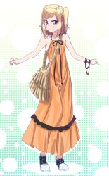Rule 34 | 1girl, bag, bare arms, bare shoulders, blonde hair, closed mouth, commentary request, dress, full body, iijima yun, looking at viewer, makicha (sasurainopink), new game!, orange dress, red eyes, shoes, short hair, shoulder bag, smile, solo, twintails, two side up, wristband