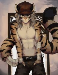 Rule 34 | 1boy, animal ears, bandages, belt, black pants, denim, ears through headwear, furry, furry male, grey hair, hands in pockets, hat, jeans, linlvjia, looking at viewer, male focus, original, pants, smile, solo, tail, tiger ears, tiger tail, topless male
