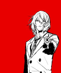 Rule 34 | 1boy, aiming, aiming at viewer, akechi gorou, closed mouth, collared shirt, foreshortening, frown, gloves, greyscale with colored background, gun, hair between eyes, highres, holding, holding gun, holding weapon, jacket, kaisen (kaisen inari), long sleeves, looking at viewer, male focus, necktie, persona, persona 5, red background, shirt, short hair, simple background, solo, striped necktie, upper body, vertical-striped clothes, vertical-striped necktie, weapon