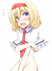 Rule 34 | 1girl, alice margatroid, blonde hair, blue eyes, blush, breasts, cape, chata maru (irori sabou), covering privates, covering breasts, covering crotch, female focus, groin, hairband, naked cape, necktie, nude, open mouth, short hair, solo, touhou