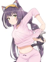 Rule 34 | animal ear fluff, animal ears, black hair, blouse, cat ears, cat girl, cat tail, clothes lift, clothing cutout, eye mask, green eyes, highres, holding, holding with tail, karyl (princess connect!), leaning forward, lifting own clothes, long hair, low twintails, navel, niizuka (c-drop), pajamas, pants, pink pajamas, pink pants, pink shirt, prehensile tail, princess connect!, shirt, shirt lift, simple background, solo, tail, tail through clothes, twintails, white background